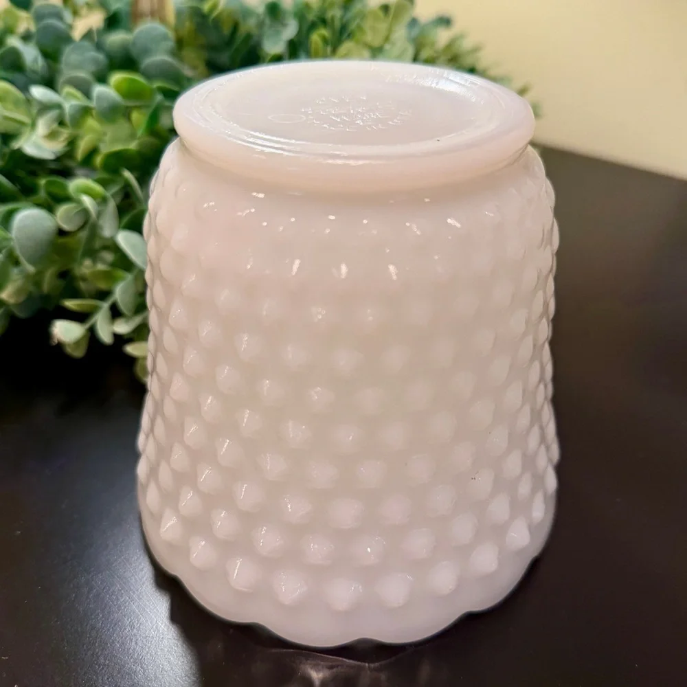 VINTAGE, FIRE KING, WHITE MILK GLASS, HOBNAIL & BARS PLANTER. 4 3/4”W X 4 3/8”H